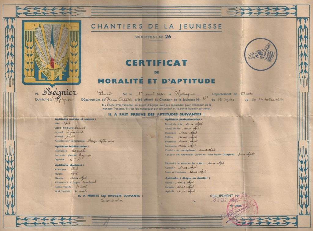 Chantier de jeunesse certificat de moralité